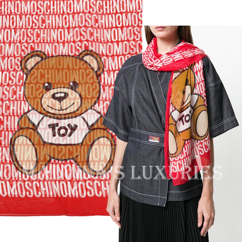 MOSCHINO SCARF SIGNATURE LOGO TOY BEAR PRINT RED SILK LONG 27" x 70"